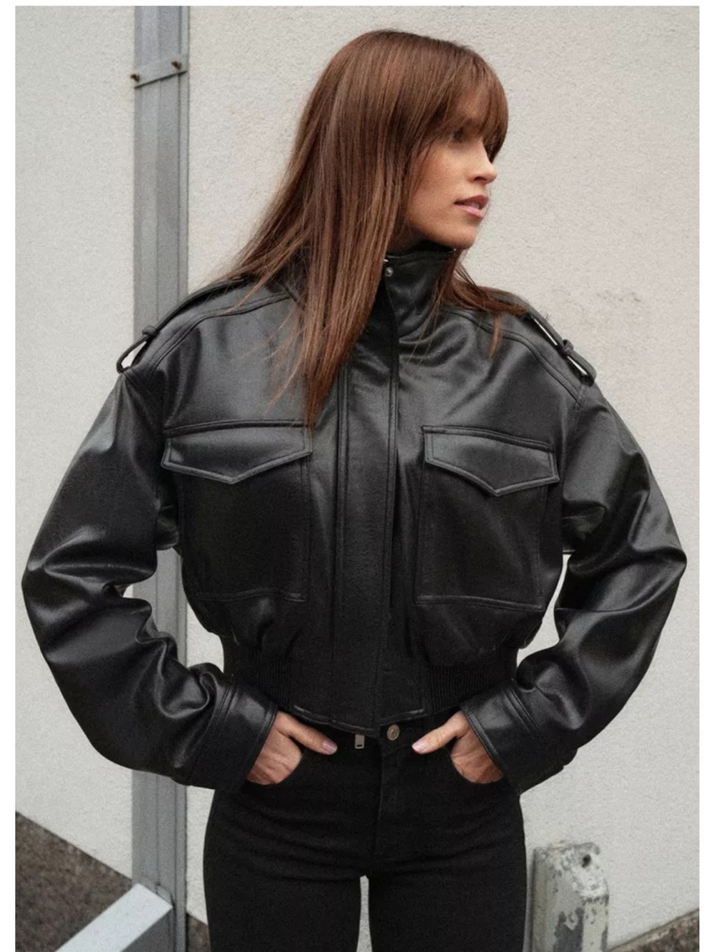 Zara Black Faux Leather High Collar Bomber Jacket